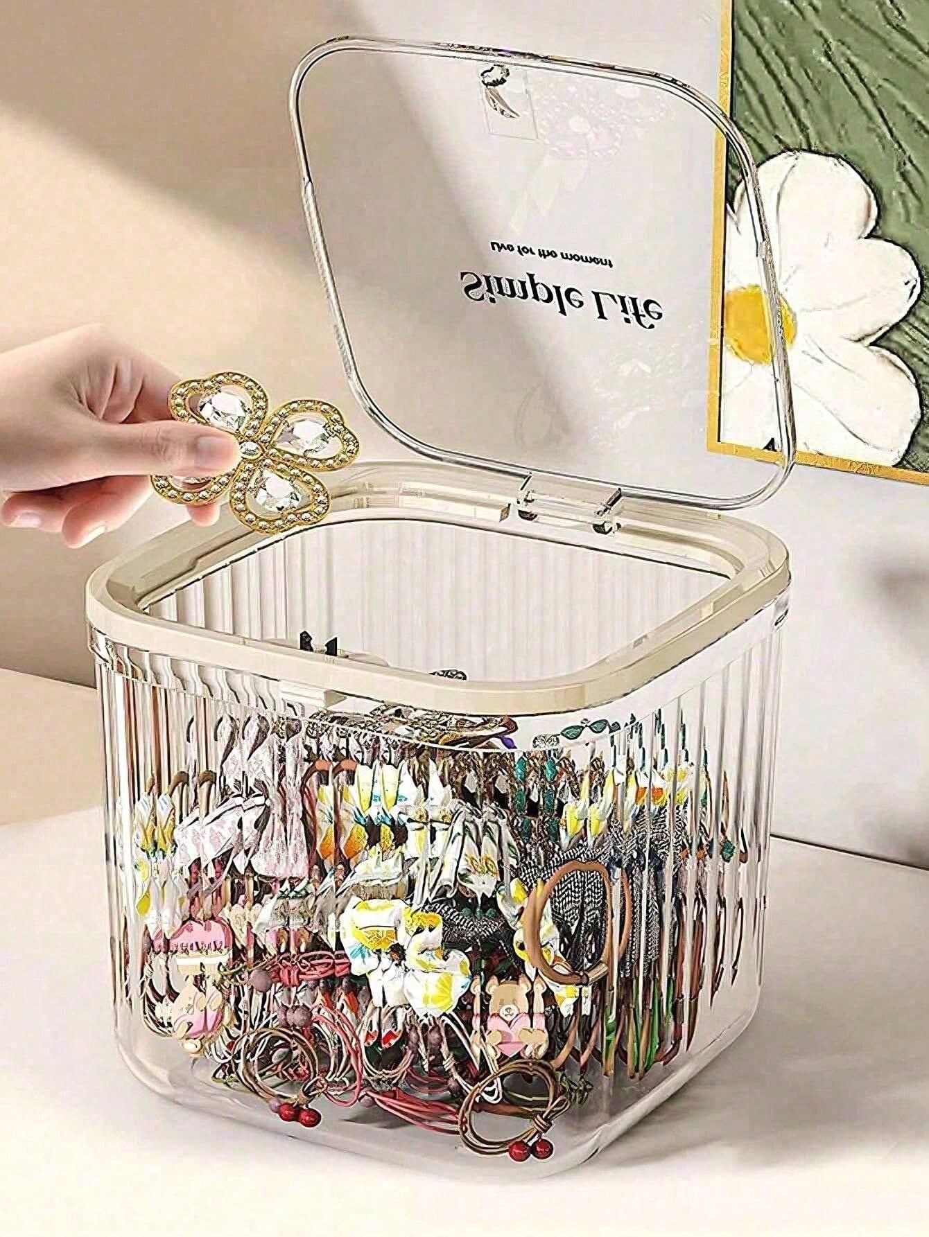 1pc Large Capacity Transparent Striped Plastic Storage Bucket, Beige Frame Square Dust-Proof Flip Lid Organizer Box, Desktop Hair Accessories & Cosmetics Storage Box, Suitable For Bedroom, Bathroom, H