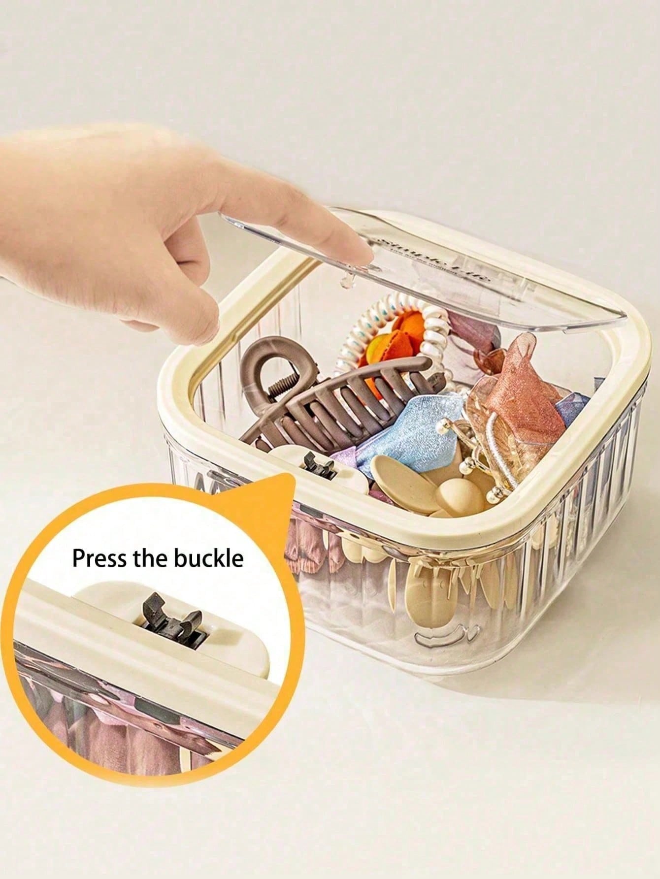 1pc Large Capacity Transparent Striped Plastic Storage Bucket, Beige Frame Square Dust-Proof Flip Lid Organizer Box, Desktop Hair Accessories & Cosmetics Storage Box, Suitable For Bedroom, Bathroom, H