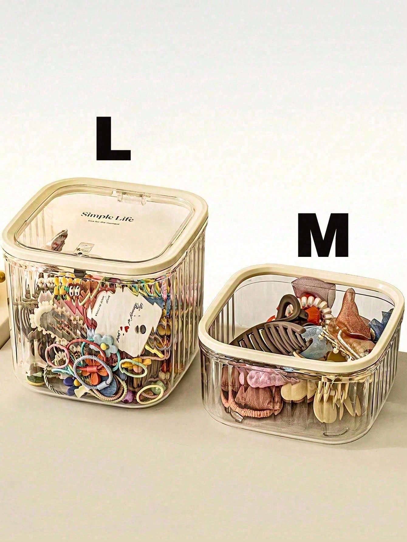 1pc Large Capacity Transparent Striped Plastic Storage Bucket, Beige Frame Square Dust-Proof Flip Lid Organizer Box, Desktop Hair Accessories & Cosmetics Storage Box, Suitable For Bedroom, Bathroom, H