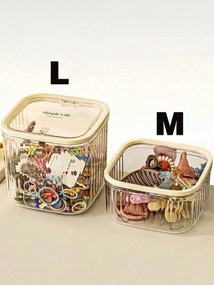 1pc Large Capacity Transparent Striped Plastic Storage Bucket, Beige Frame Square Dust-Proof Flip Lid Organizer Box, Desktop Hair Accessories & Cosmetics Storage Box, Suitable For Bedroom, Bathroom, H