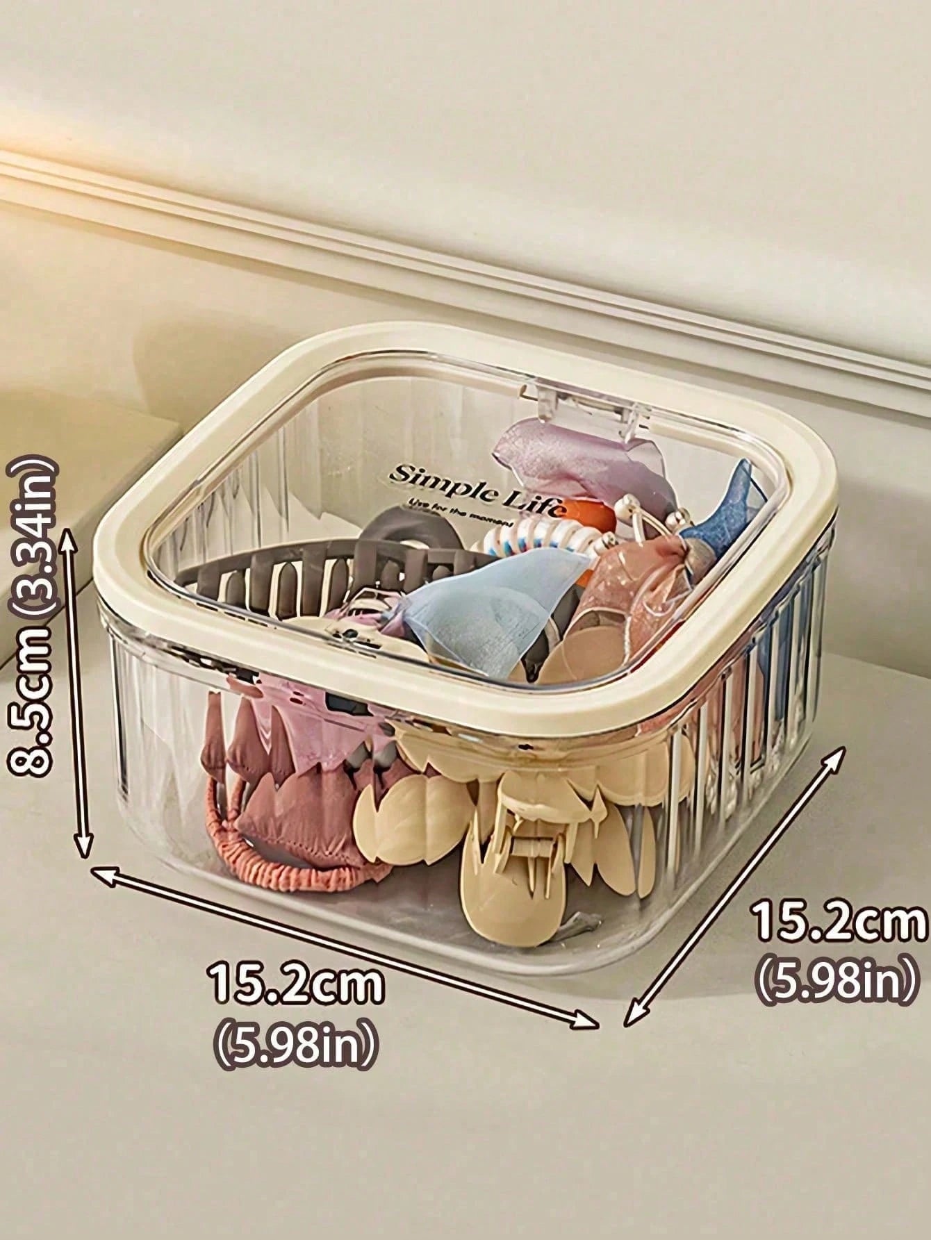 1pc Large Capacity Transparent Striped Plastic Storage Bucket, Beige Frame Square Dust-Proof Flip Lid Organizer Box, Desktop Hair Accessories & Cosmetics Storage Box, Suitable For Bedroom, Bathroom, H