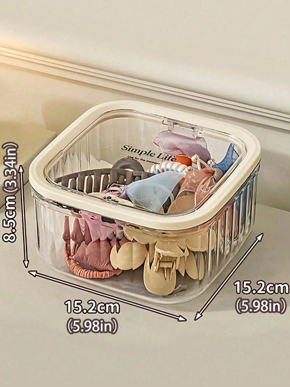 1pc Large Capacity Transparent Striped Plastic Storage Bucket, Beige Frame Square Dust-Proof Flip Lid Organizer Box, Desktop Hair Accessories & Cosmetics Storage Box, Suitable For Bedroom, Bathroom, H