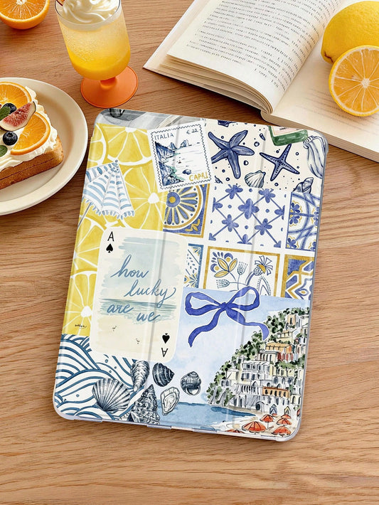 1pc Lemon Coast Collage Tablet Case, Compatible With IPad Mini 4/5/6/7/Air/Air2/9.7/10.2/10.5/10.9 (Air4-Air8)/Pro 11/10th Gen/A16/Pro 11 2024, Compatible With Galaxy A8 Model, Painted Pattern Tablet