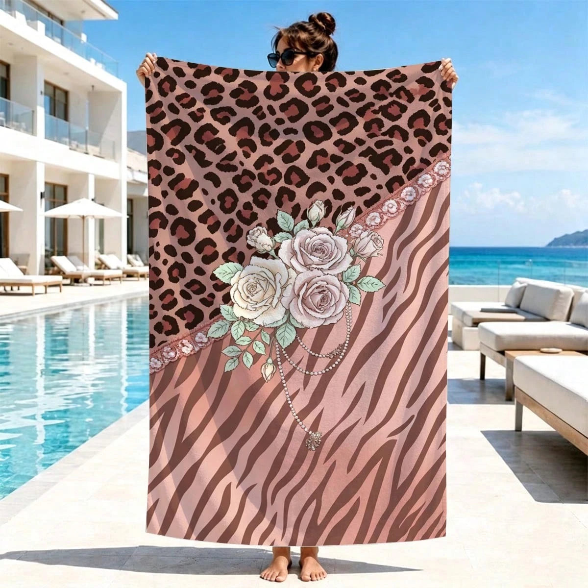 1pc Leopard & Zebra Print Patchwork Rose Vintage Beach Towel, Soft Absorbent Lightweight Towel, Suitable For Adults And Teens, Perfect For Beach, Travel And Swimming Beach Blanket