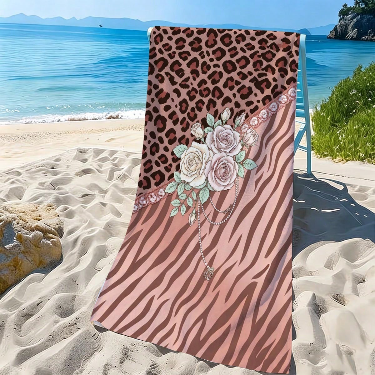 1pc Leopard & Zebra Print Patchwork Rose Vintage Beach Towel, Soft Absorbent Lightweight Towel, Suitable For Adults And Teens, Perfect For Beach, Travel And Swimming Beach Blanket