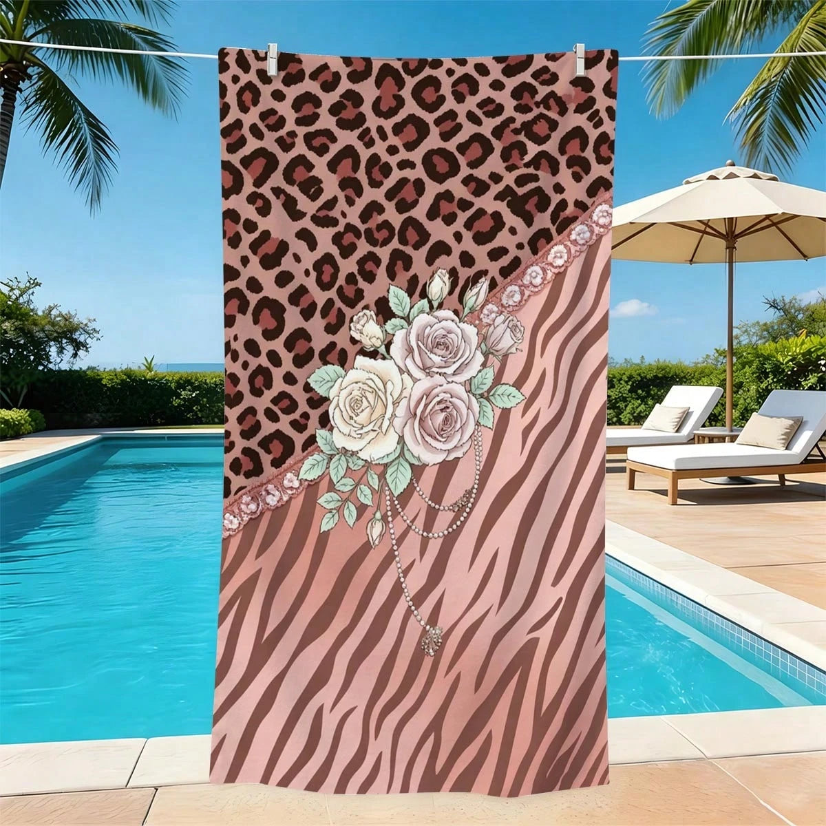 1pc Leopard & Zebra Print Patchwork Rose Vintage Beach Towel, Soft Absorbent Lightweight Towel, Suitable For Adults And Teens, Perfect For Beach, Travel And Swimming Beach Blanket
