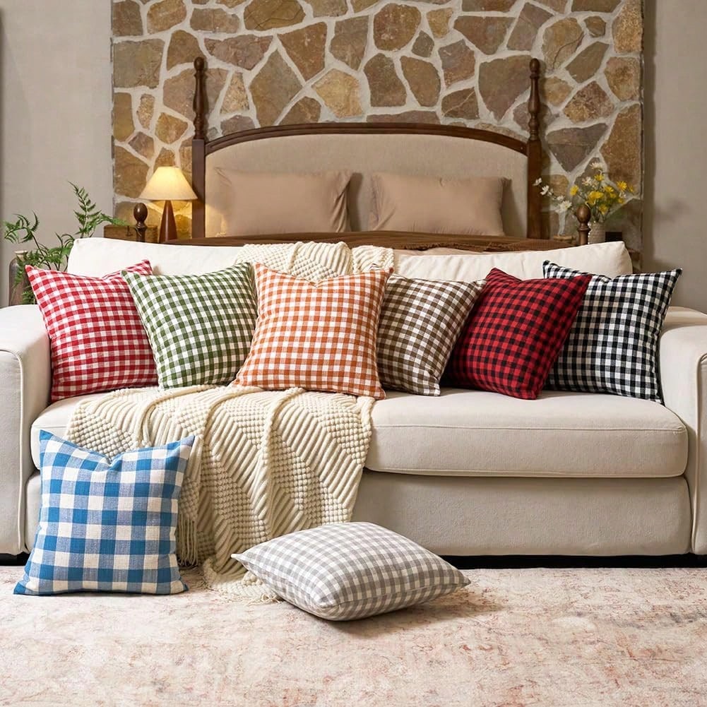 1pc Luxury Checkered Pillow Cover, Modern Farmhouse Decor Sofa Cushion Square Linen Pillowcase, Suitable For Sofa, Living Room, Bedroom, Farmhouse, Also Can Be Used As A Gift.