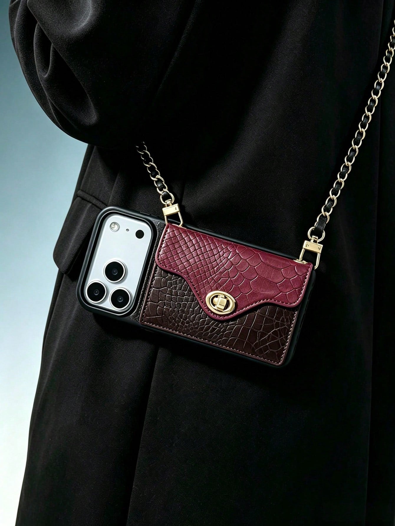 1pc Luxury Fragrance Snake Skin Color Block Phone Case, Chain Crossbody Shoulder Strap Lock Card Holder Integrated Anti-Drop Anti-Shock Fashion Protective Cover Compatible With Apple/ Galaxy S24 Ultra