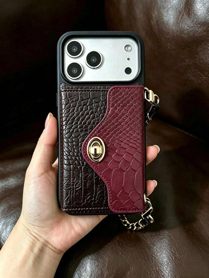 1pc Luxury Fragrance Snake Skin Color Block Phone Case, Chain Crossbody Shoulder Strap Lock Card Holder Integrated Anti-Drop Anti-Shock Fashion Protective Cover Compatible With Apple/ Galaxy S24 Ultra