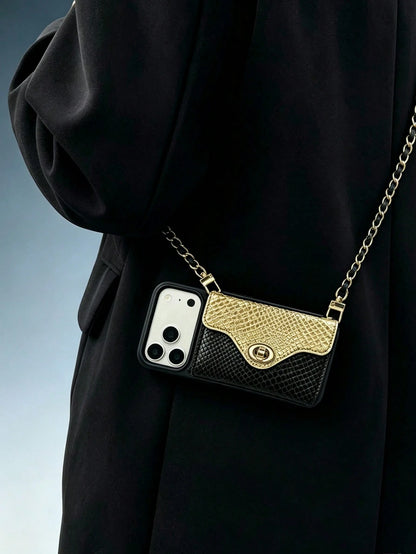 1pc Luxury Fragrance Snake Skin Color Block Phone Case, Chain Crossbody Shoulder Strap Lock Card Holder Integrated Anti-Drop Anti-Shock Fashion Protective Cover Compatible With Apple/ Galaxy S24 Ultra