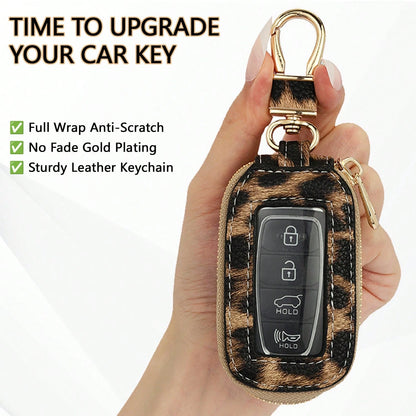 1pc Microfiber PU Leather Leopard Print Window Design Universal Car Key Case Protective Cover Anti-Loss Anti-Scratch Key Storage Protective Cover Visible Buttons Suitable For All Car Key Bags Gift For