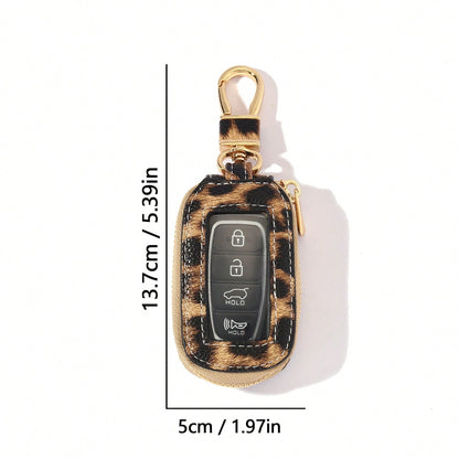 1pc Microfiber PU Leather Leopard Print Window Design Universal Car Key Case Protective Cover Anti-Loss Anti-Scratch Key Storage Protective Cover Visible Buttons Suitable For All Car Key Bags Gift For
