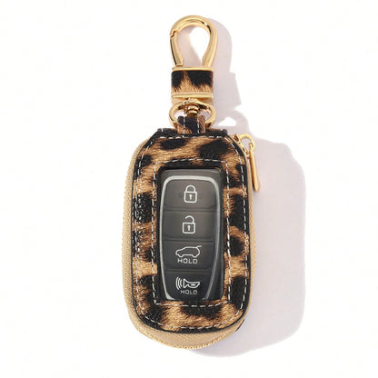 1pc Microfiber PU Leather Leopard Print Window Design Universal Car Key Case Protective Cover Anti-Loss Anti-Scratch Key Storage Protective Cover Visible Buttons Suitable For All Car Key Bags Gift For