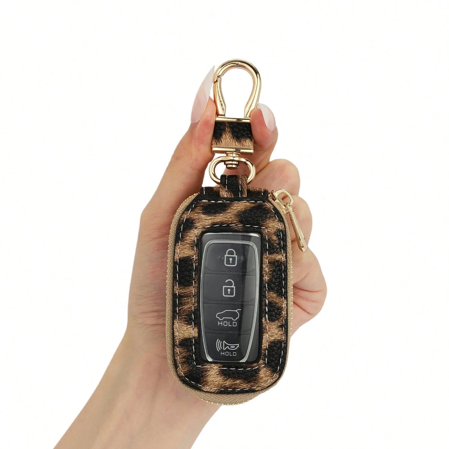 1pc Microfiber PU Leather Leopard Print Window Design Universal Car Key Case Protective Cover Anti-Loss Anti-Scratch Key Storage Protective Cover Visible Buttons Suitable For All Car Key Bags Gift For