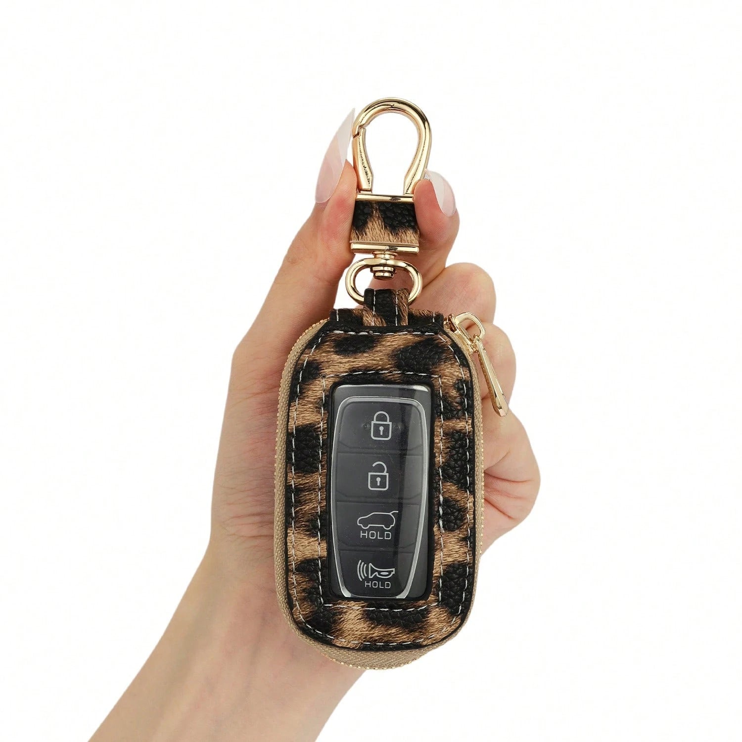 1pc Microfiber PU Leather Leopard Print Window Design Universal Car Key Case Protective Cover Anti-Loss Anti-Scratch Key Storage Protective Cover Visible Buttons Suitable For All Car Key Bags Gift For