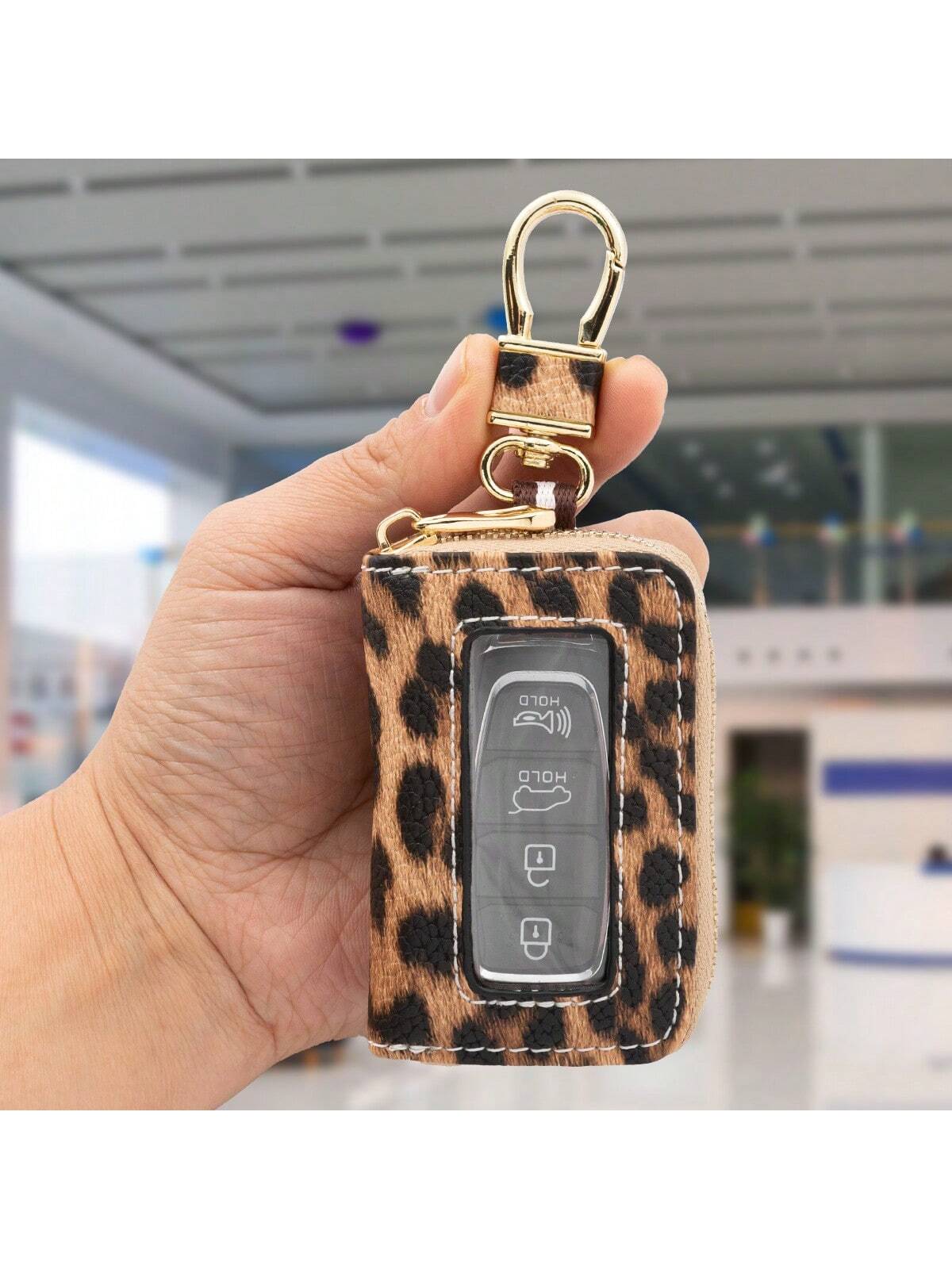 1pc Microfiber PU Leather Leopard Print Window Design Universal Car Key Case Protective Cover Anti-Loss Anti-Scratch Key Storage Protective Cover Visible Buttons Suitable For All Car Key Bags Gift For
