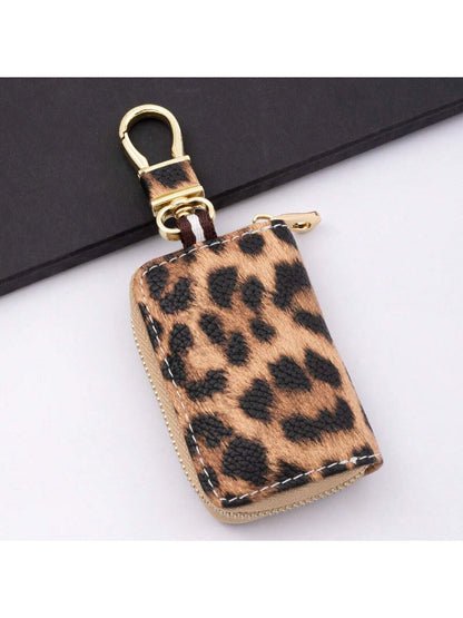 1pc Microfiber PU Leather Leopard Print Window Design Universal Car Key Case Protective Cover Anti-Loss Anti-Scratch Key Storage Protective Cover Visible Buttons Suitable For All Car Key Bags Gift For