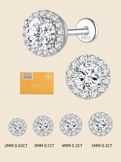 1pc Moissanite Stud Earrings For Women And Men, 0.03-0.5CT, 18K White Gold Plated S925 Sterling Silver, Hypoallergenic Exquisite Diamond Decor Earrings