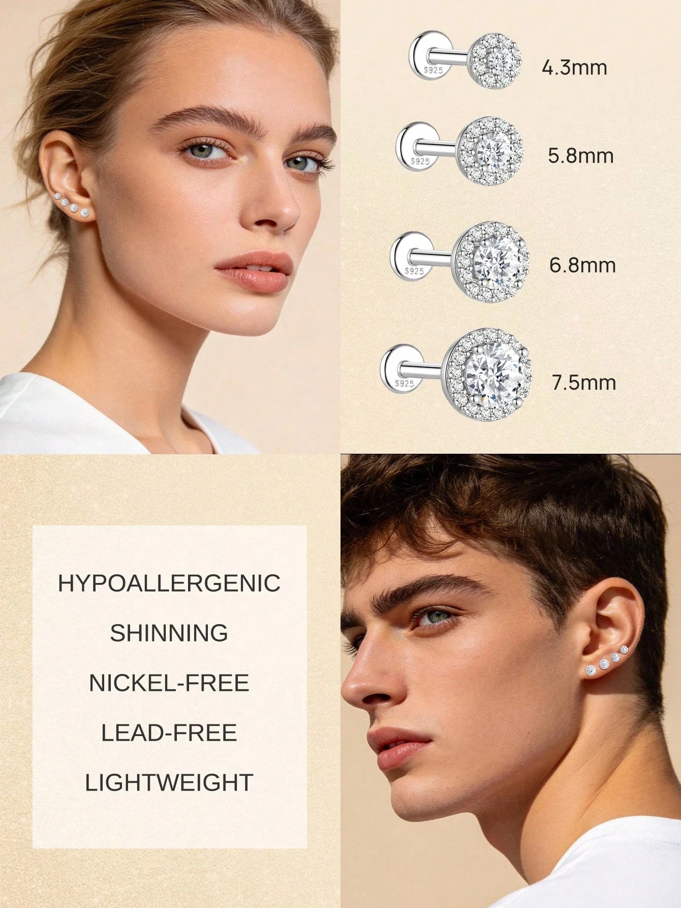1pc Moissanite Stud Earrings For Women And Men, 0.03-0.5CT, 18K White Gold Plated S925 Sterling Silver, Hypoallergenic Exquisite Diamond Decor Earrings