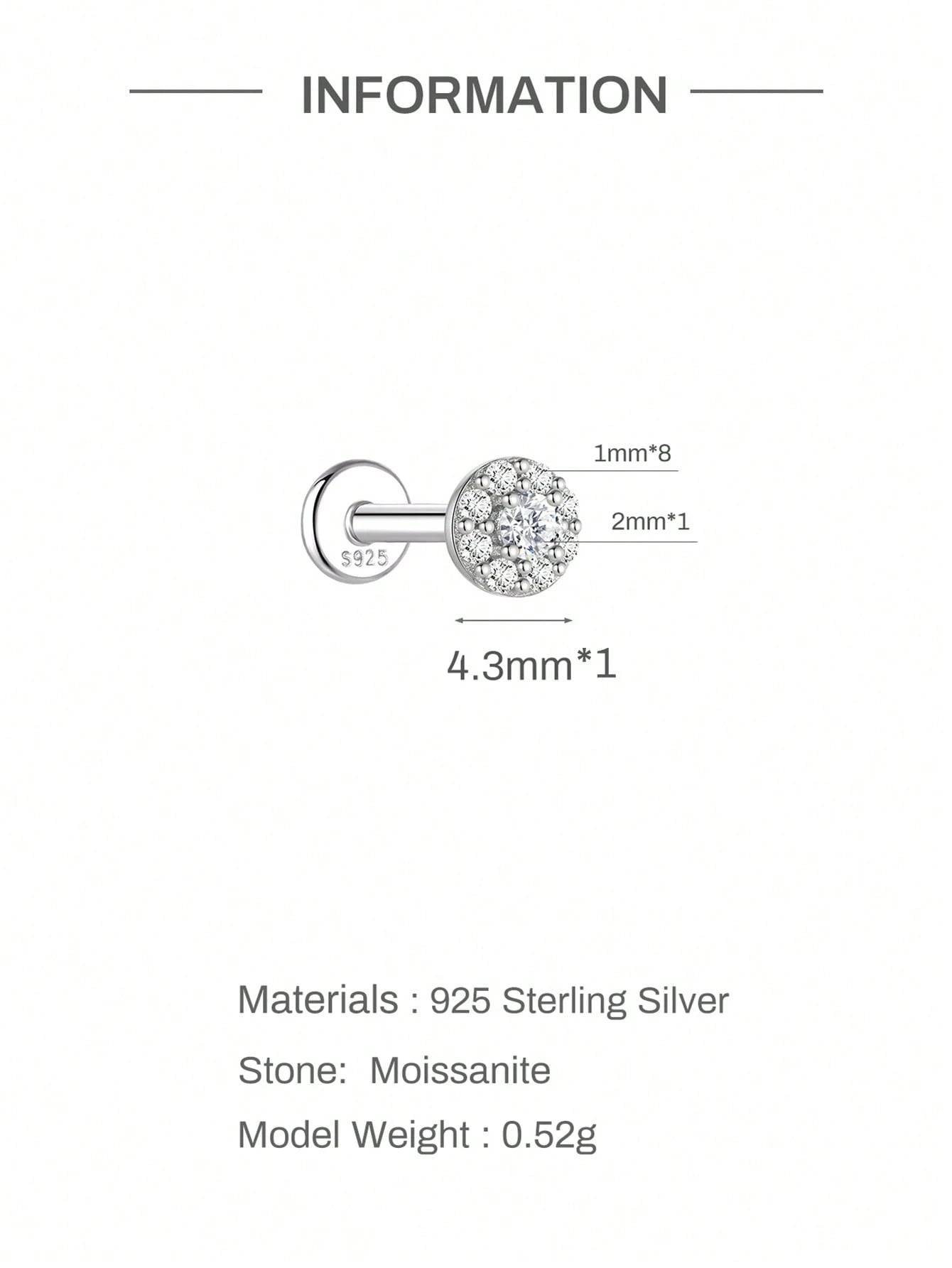 1pc Moissanite Stud Earrings For Women And Men, 0.03-0.5CT, 18K White Gold Plated S925 Sterling Silver, Hypoallergenic Exquisite Diamond Decor Earrings