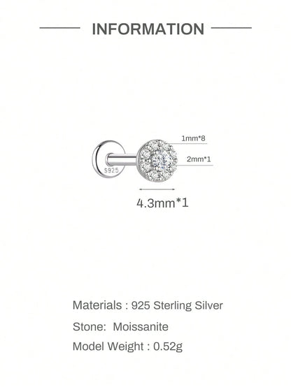 1pc Moissanite Stud Earrings For Women And Men, 0.03-0.5CT, 18K White Gold Plated S925 Sterling Silver, Hypoallergenic Exquisite Diamond Decor Earrings