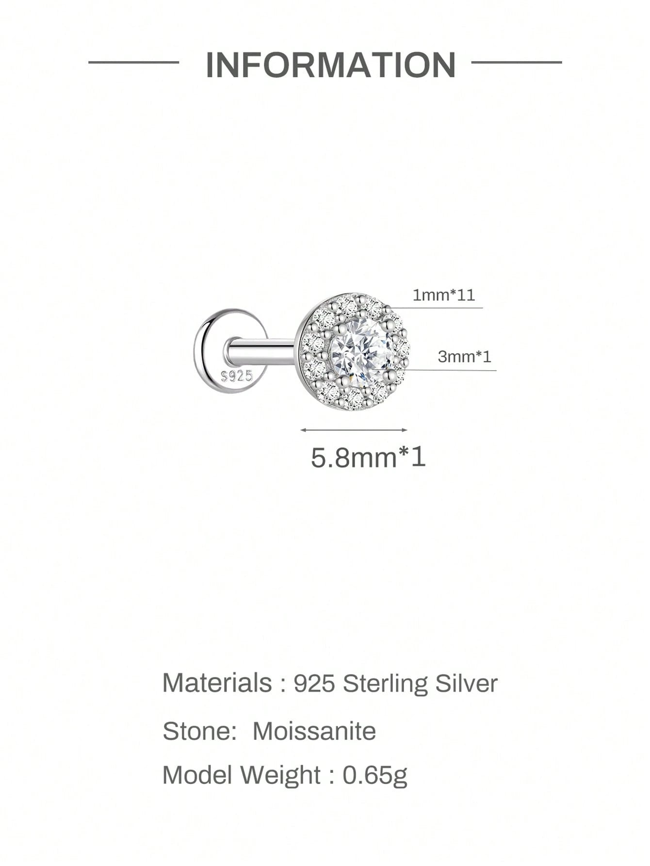 1pc Moissanite Stud Earrings For Women And Men, 0.03-0.5CT, 18K White Gold Plated S925 Sterling Silver, Hypoallergenic Exquisite Diamond Decor Earrings