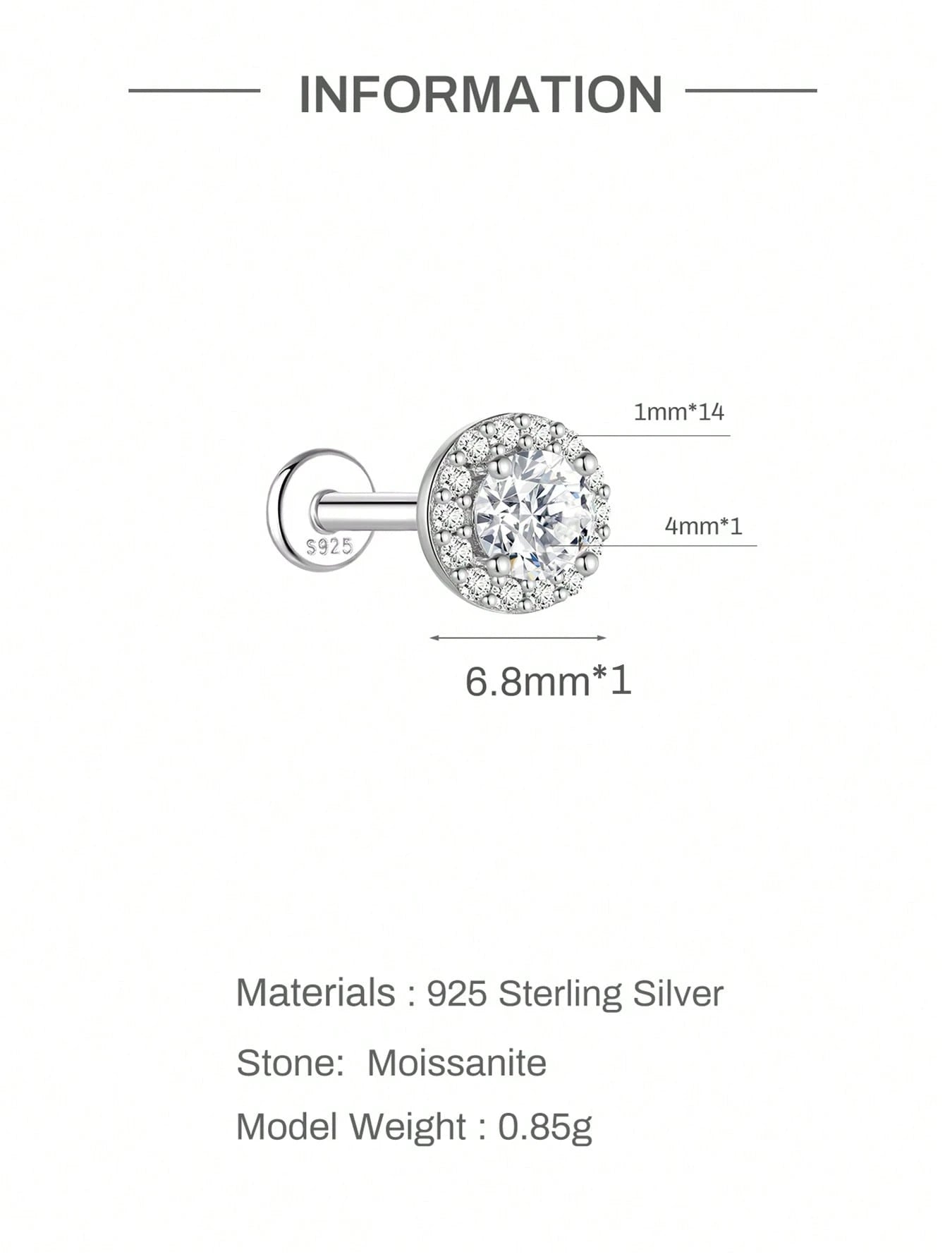 1pc Moissanite Stud Earrings For Women And Men, 0.03-0.5CT, 18K White Gold Plated S925 Sterling Silver, Hypoallergenic Exquisite Diamond Decor Earrings