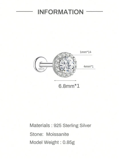 1pc Moissanite Stud Earrings For Women And Men, 0.03-0.5CT, 18K White Gold Plated S925 Sterling Silver, Hypoallergenic Exquisite Diamond Decor Earrings