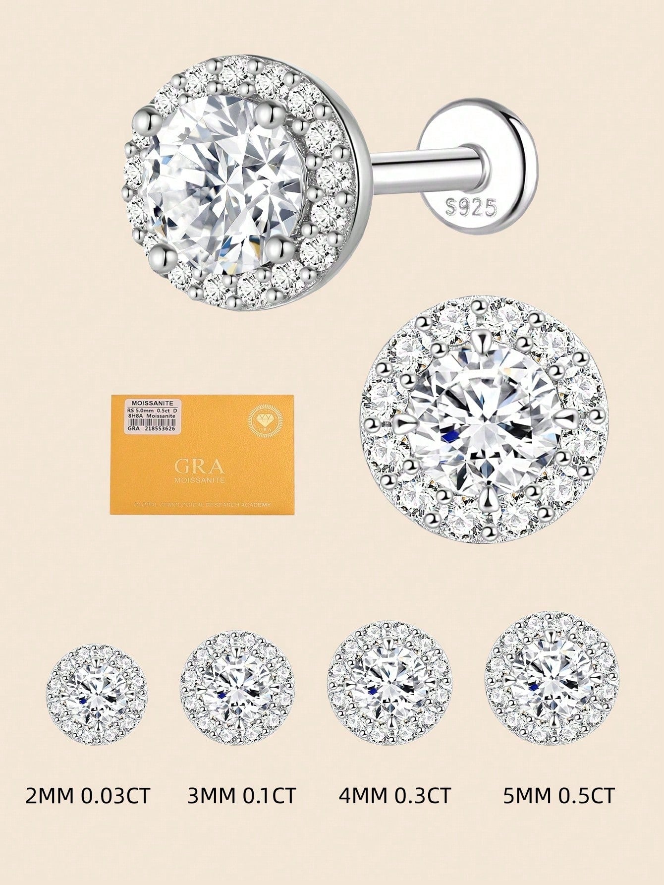 1pc Moissanite Stud Earrings For Women And Men, 0.03-0.5CT, 18K White Gold Plated S925 Sterling Silver, Hypoallergenic Exquisite Diamond Decor Earrings