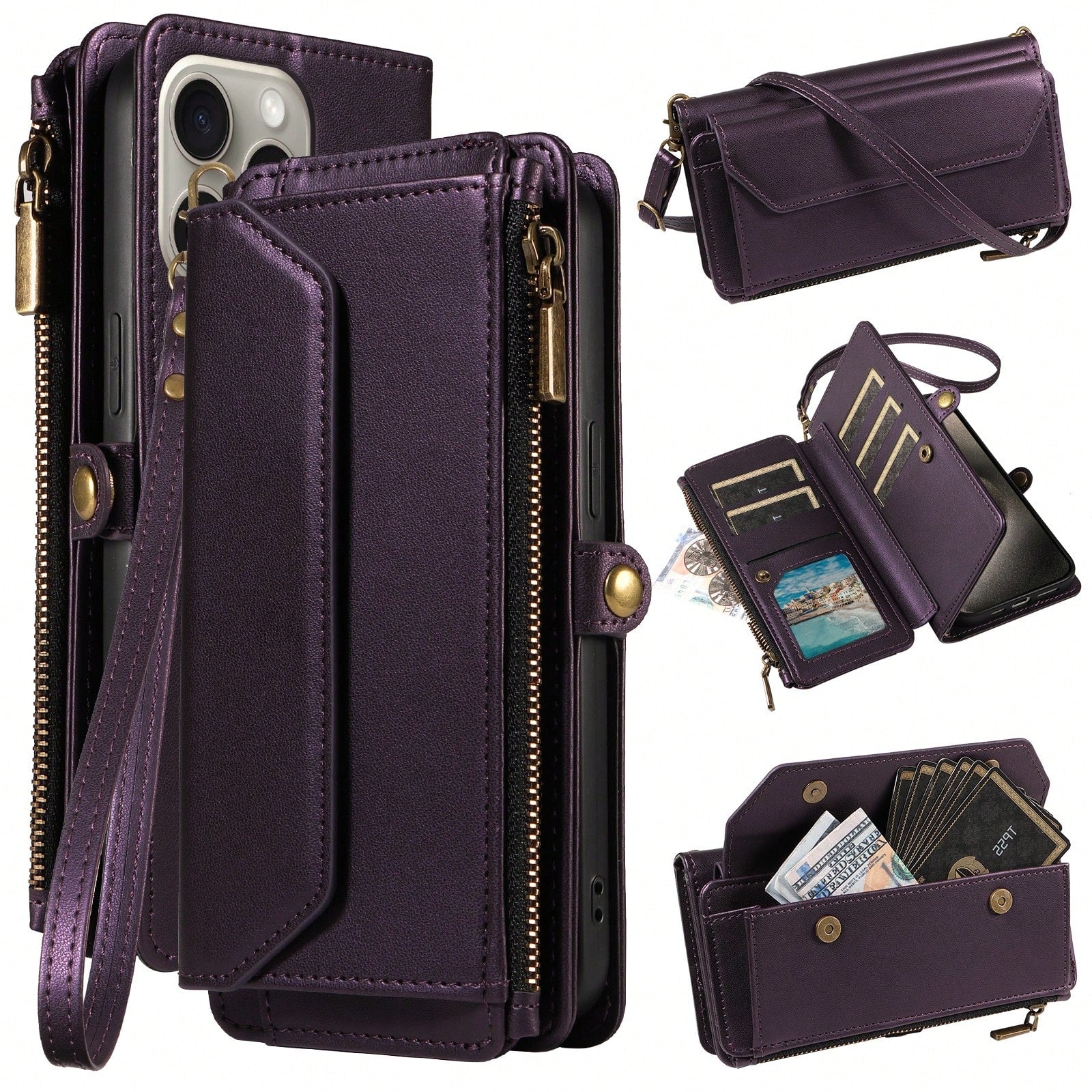 1pc Multifunctional Leather Phone Case With Card Slot, Crossbody Strap, Wallet Design Compatible With Apple 17 Pro Max/ A16 Smartphones