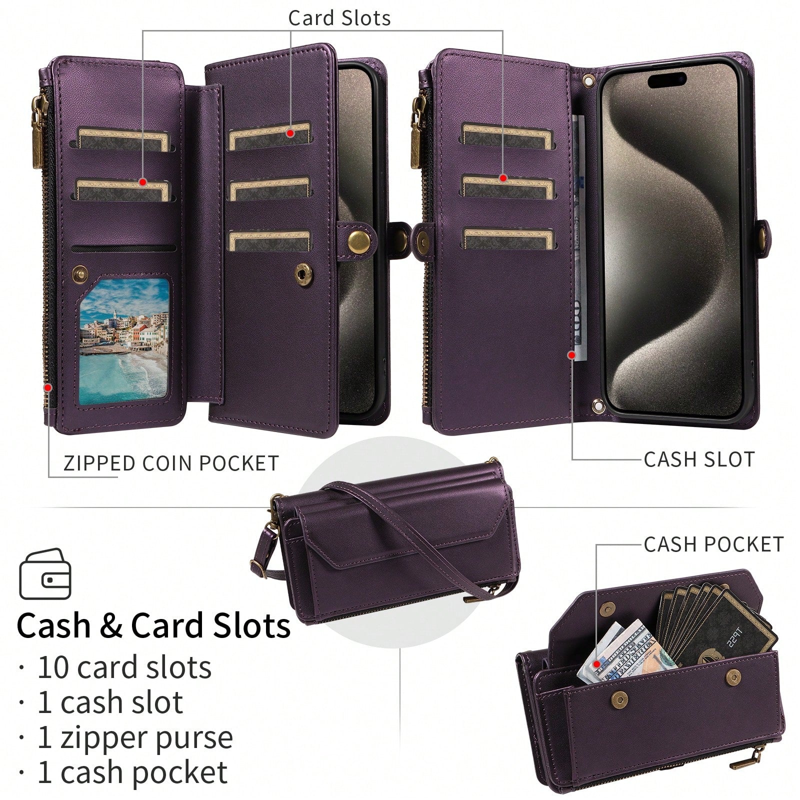 1pc Multifunctional Leather Phone Case With Card Slot, Crossbody Strap, Wallet Design Compatible With Apple 17 Pro Max/ A16 Smartphones