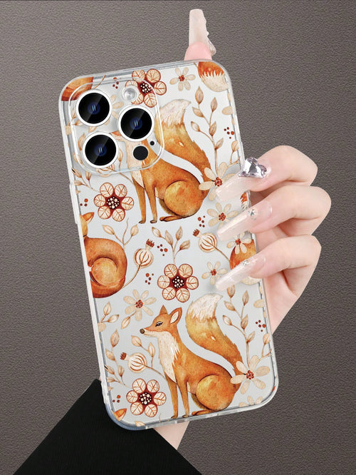 1pc Nature-Inspired Fox & Floral Pattern Transparent Phone Case, Fashion Minimalist Design, Full Camera Protection, Compatible With Iphone 16/15/14/13/12/11 Pro Max/X/XS/XS MAX/7/8/PLUS And Series, Gr