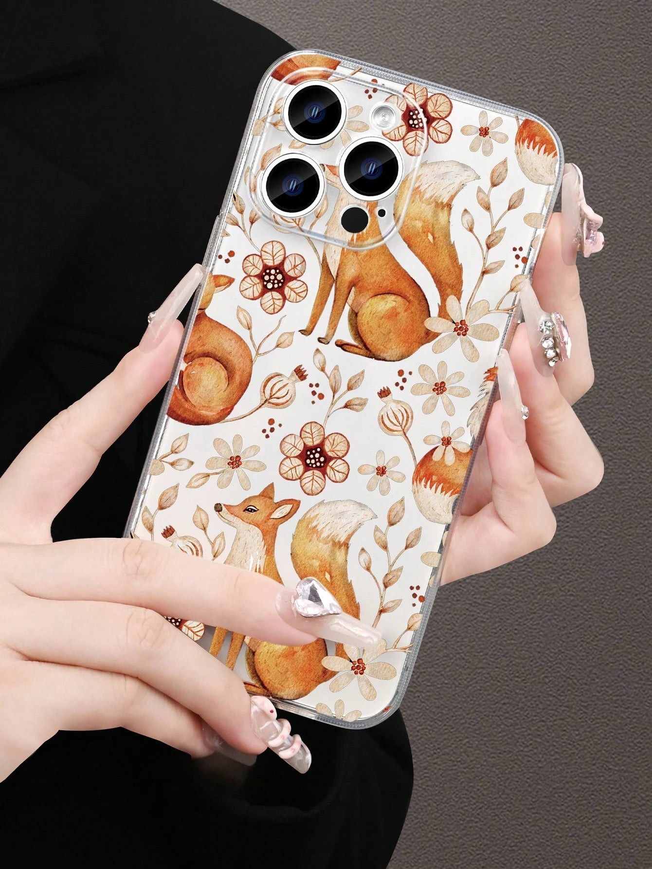 1pc Nature-Inspired Fox & Floral Pattern Transparent Phone Case, Fashion Minimalist Design, Full Camera Protection, Compatible With Iphone 16/15/14/13/12/11 Pro Max/X/XS/XS MAX/7/8/PLUS And Series, Gr