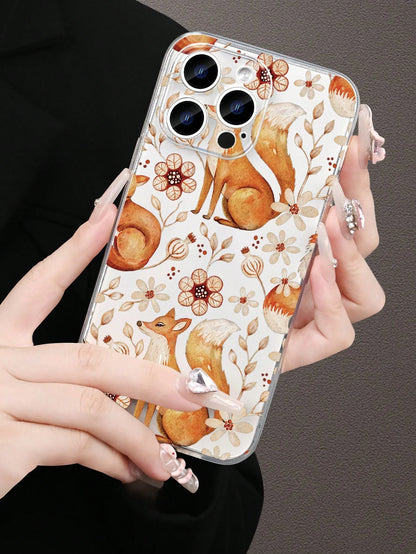 1pc Nature-Inspired Fox & Floral Pattern Transparent Phone Case, Fashion Minimalist Design, Full Camera Protection, Compatible With Iphone 16/15/14/13/12/11 Pro Max/X/XS/XS MAX/7/8/PLUS And Series, Gr