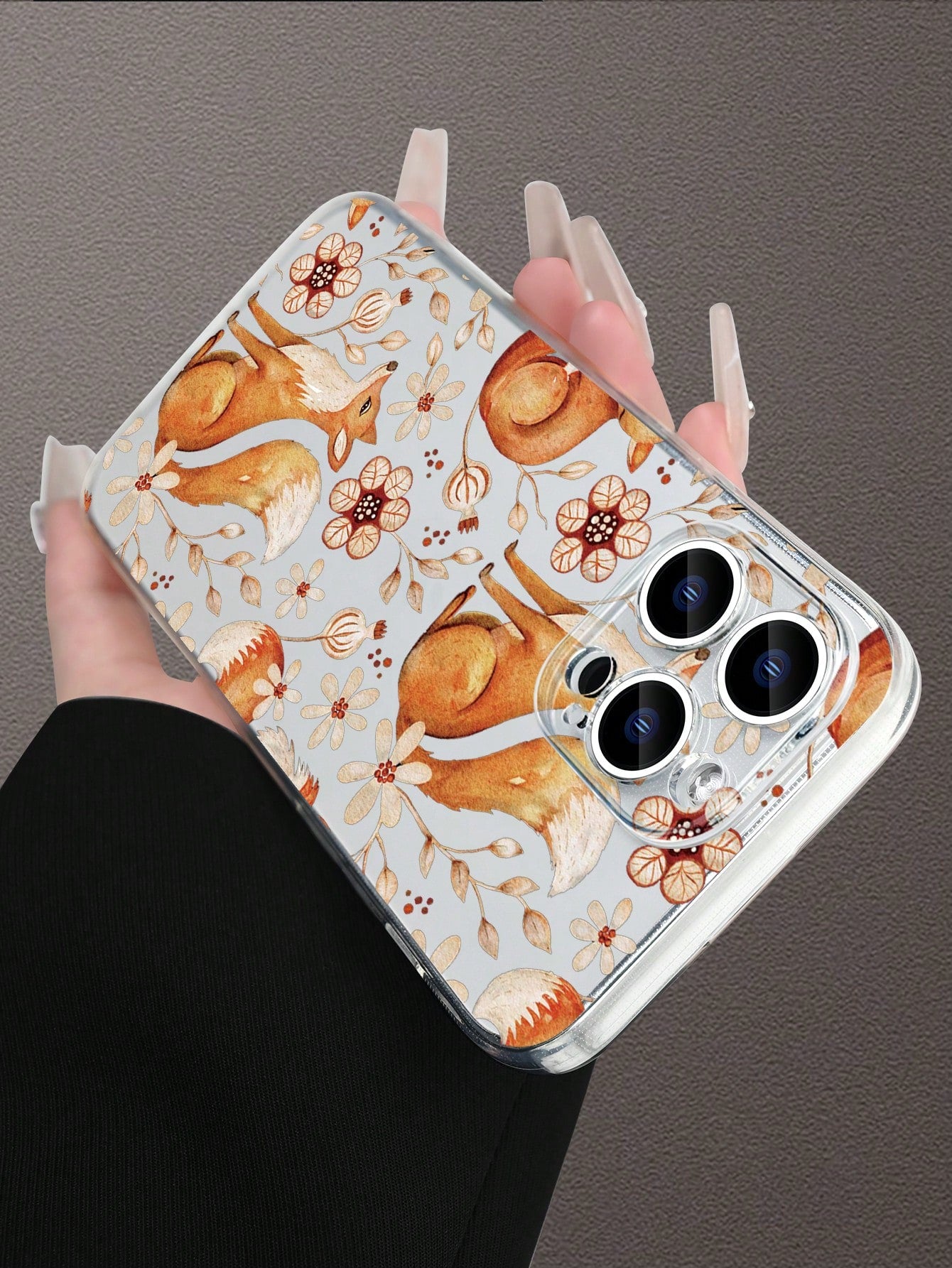 1pc Nature-Inspired Fox & Floral Pattern Transparent Phone Case, Fashion Minimalist Design, Full Camera Protection, Compatible With Iphone 16/15/14/13/12/11 Pro Max/X/XS/XS MAX/7/8/PLUS And Series, Gr