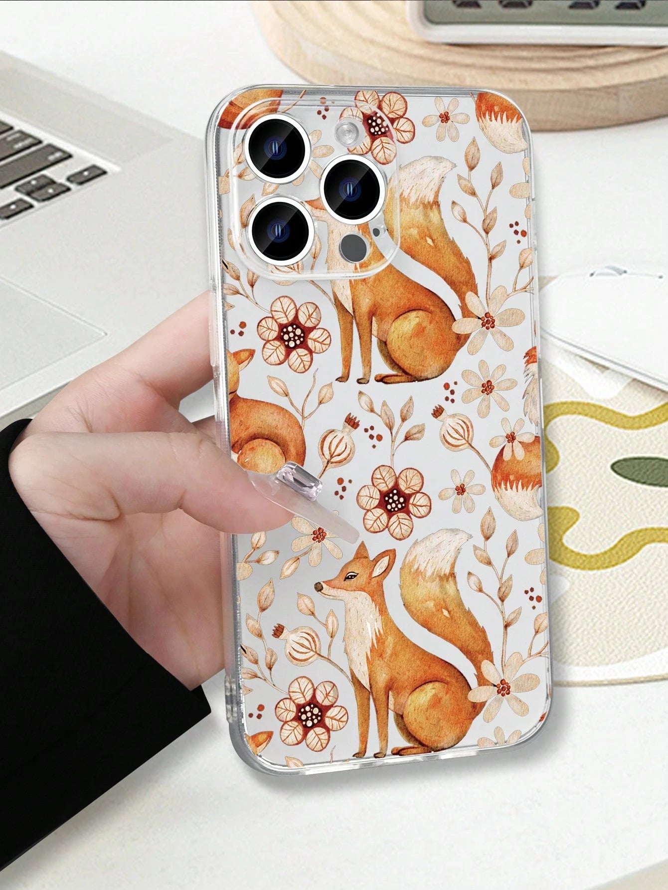 1pc Nature-Inspired Fox & Floral Pattern Transparent Phone Case, Fashion Minimalist Design, Full Camera Protection, Compatible With Iphone 16/15/14/13/12/11 Pro Max/X/XS/XS MAX/7/8/PLUS And Series, Gr