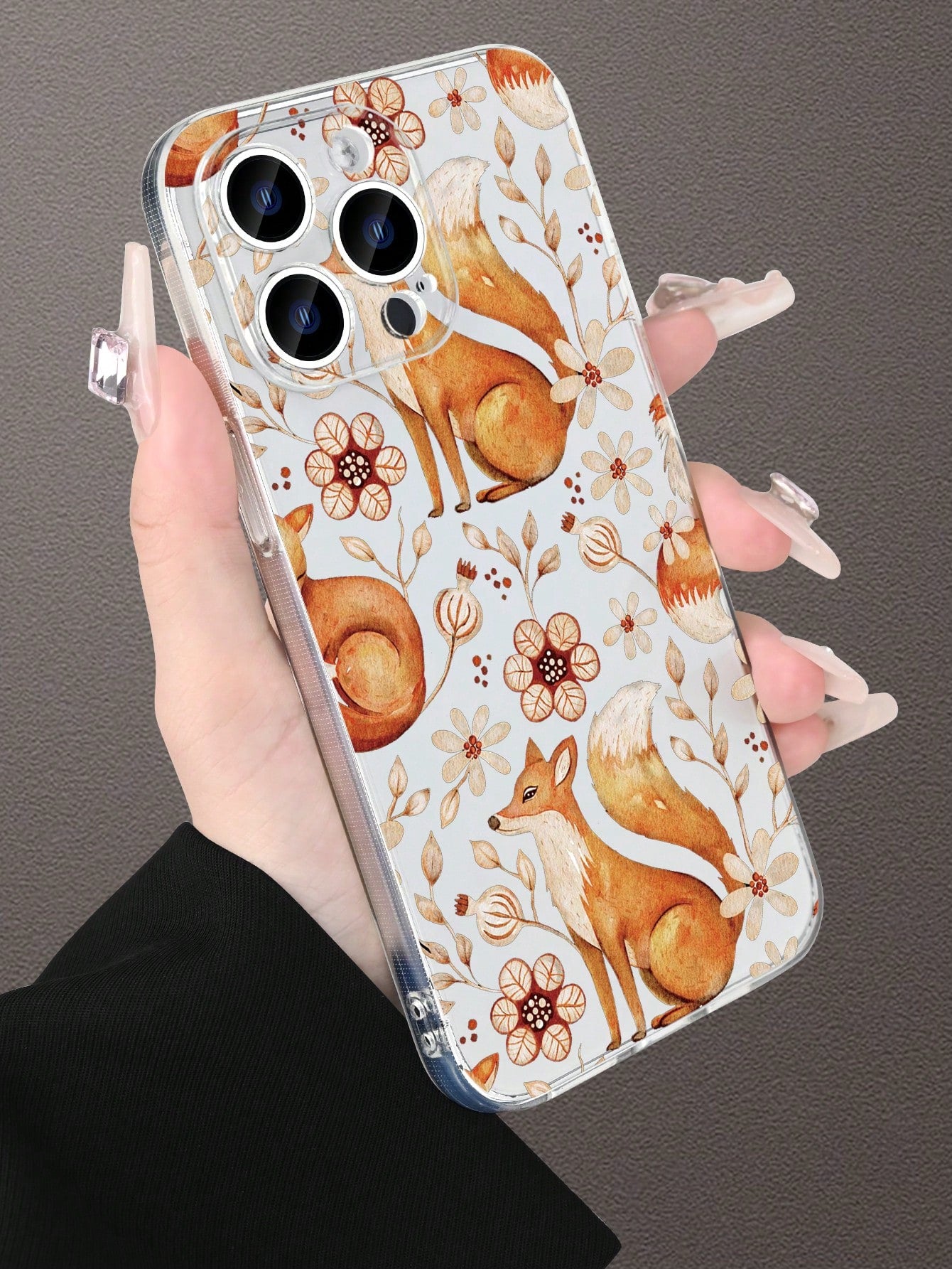 1pc Nature-Inspired Fox & Floral Pattern Transparent Phone Case, Fashion Minimalist Design, Full Camera Protection, Compatible With Iphone 16/15/14/13/12/11 Pro Max/X/XS/XS MAX/7/8/PLUS And Series, Gr