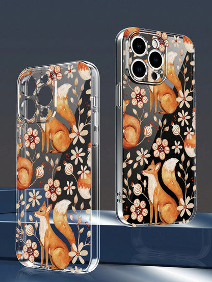 1pc Nature-Inspired Fox & Floral Pattern Transparent Phone Case, Fashion Minimalist Design, Full Camera Protection, Compatible With Iphone 16/15/14/13/12/11 Pro Max/X/XS/XS MAX/7/8/PLUS And Series, Gr