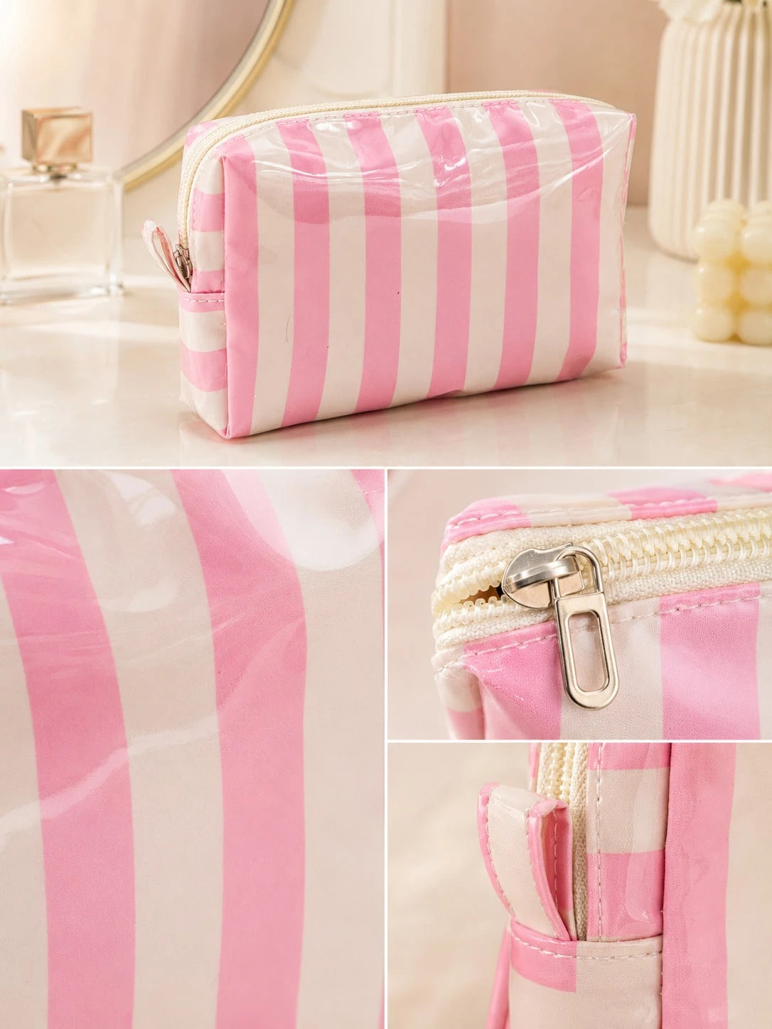 1pc Neutral PVC Striped Makeup Bag, Easy To Clean, Waterproof And Large Capacity, Essential For Travel And Business Trips, Ideal Cosmetic Storage Bag, Suitable As A Birthday Or Valentine's Day Gift Fo