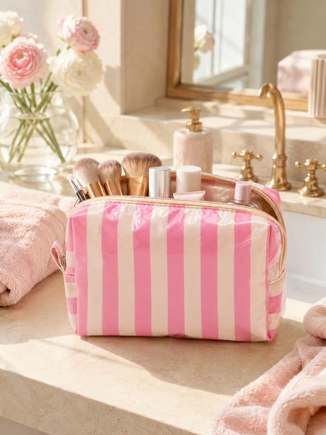 1pc Neutral PVC Striped Makeup Bag, Easy To Clean, Waterproof And Large Capacity, Essential For Travel And Business Trips, Ideal Cosmetic Storage Bag, Suitable As A Birthday Or Valentine's Day Gift Fo