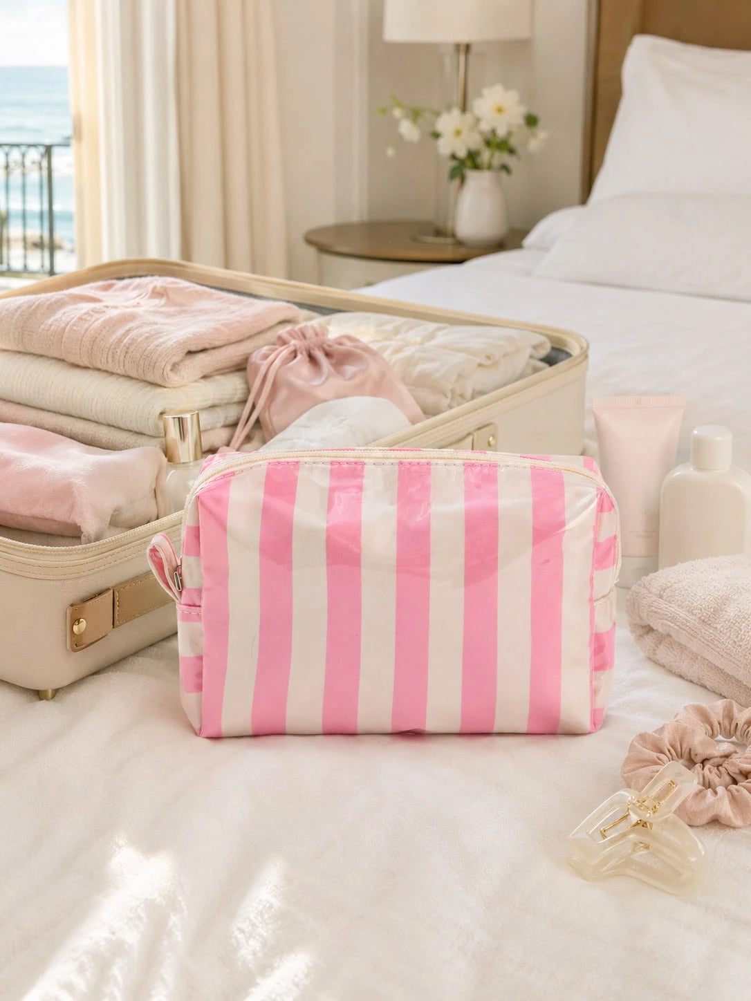 1pc Neutral PVC Striped Makeup Bag, Easy To Clean, Waterproof And Large Capacity, Essential For Travel And Business Trips, Ideal Cosmetic Storage Bag, Suitable As A Birthday Or Valentine's Day Gift Fo