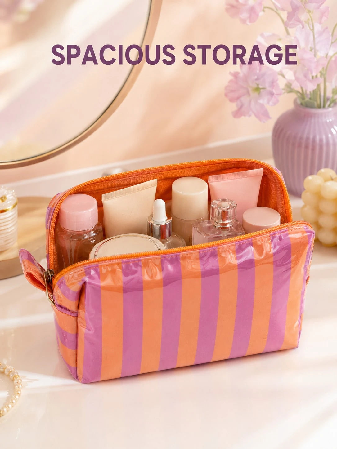 1pc Neutral PVC Striped Makeup Bag, Easy To Clean, Waterproof And Large Capacity, Essential For Travel And Business Trips, Ideal Cosmetic Storage Bag, Suitable As A Birthday Or Valentine's Day Gift Fo