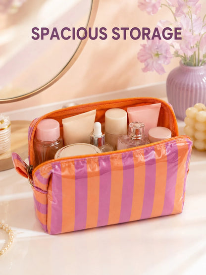 1pc Neutral PVC Striped Makeup Bag, Easy To Clean, Waterproof And Large Capacity, Essential For Travel And Business Trips, Ideal Cosmetic Storage Bag, Suitable As A Birthday Or Valentine's Day Gift Fo