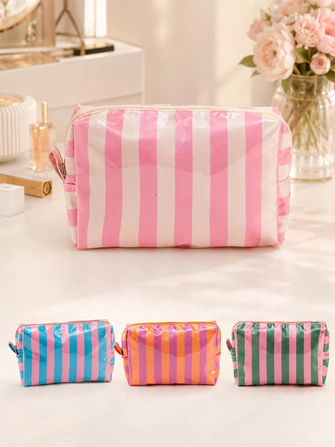 1pc Neutral PVC Striped Makeup Bag, Easy To Clean, Waterproof And Large Capacity, Essential For Travel And Business Trips, Ideal Cosmetic Storage Bag, Suitable As A Birthday Or Valentine's Day Gift Fo