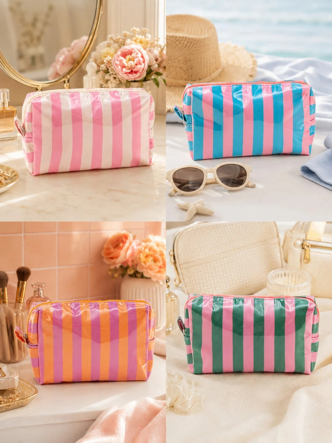 1pc Neutral PVC Striped Makeup Bag, Easy To Clean, Waterproof And Large Capacity, Essential For Travel And Business Trips, Ideal Cosmetic Storage Bag, Suitable As A Birthday Or Valentine's Day Gift Fo