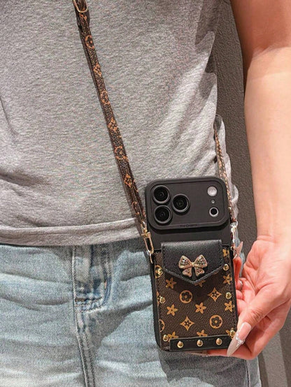 1pc New Bowknot English Card Holder Crossbody Lanyard, Compatible With IPhone17 17promax 17 Pro Phone Case, 16 Pro Max, New 15 Pro/14/13/12 Cartoon Phone Case, Compatible With IPhone14 Pro Max/15/12/1