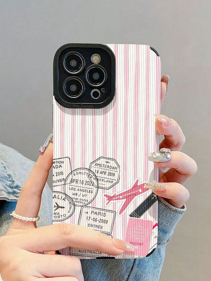 1pc New Fashion Personalized Pink & White Striped Airplane Stamp Pattern Shockproof Leather Phone Case, Daily Protection Essential, Style, Perfect Gift For Friends, Family, Etc., For IPhone17/17Air/17