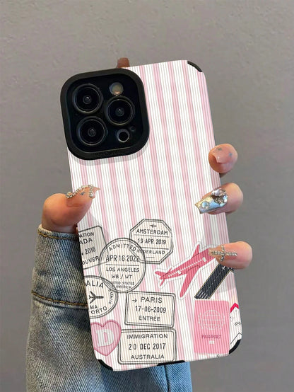 1pc New Fashion Personalized Pink & White Striped Airplane Stamp Pattern Shockproof Leather Phone Case, Daily Protection Essential, Style, Perfect Gift For Friends, Family, Etc., For IPhone17/17Air/17