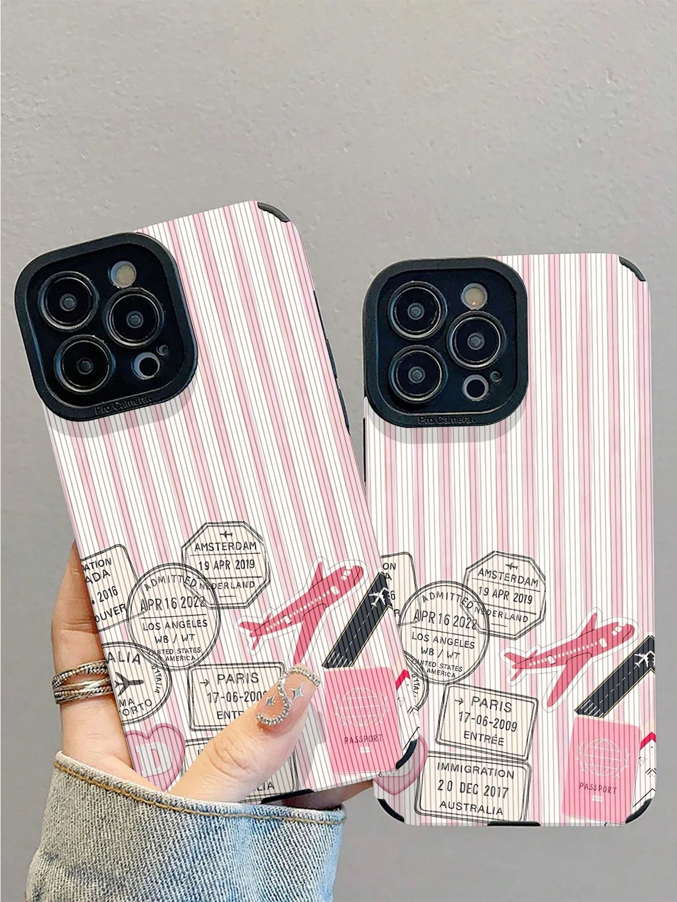 1pc New Fashion Personalized Pink & White Striped Airplane Stamp Pattern Shockproof Leather Phone Case, Daily Protection Essential, Style, Perfect Gift For Friends, Family, Etc., For IPhone17/17Air/17