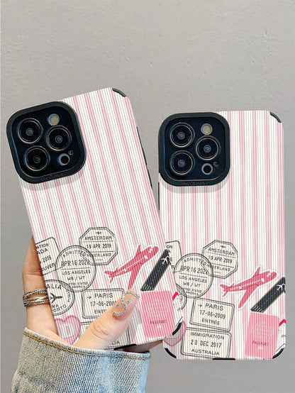 1pc New Fashion Personalized Pink & White Striped Airplane Stamp Pattern Shockproof Leather Phone Case, Daily Protection Essential, Style, Perfect Gift For Friends, Family, Etc., For IPhone17/17Air/17